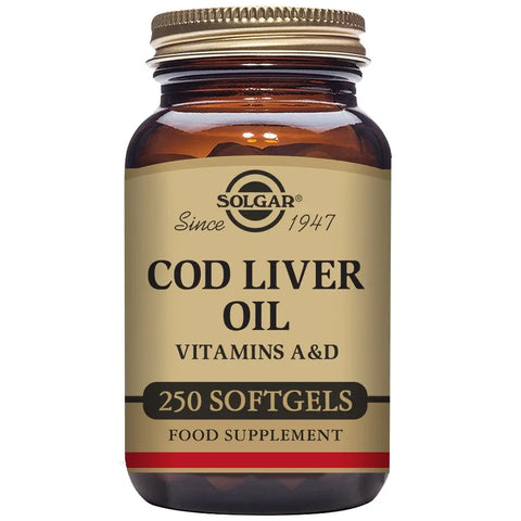 Solgar cod liver oil capsules in a bottle with label, dietary supplement for omega-3 fatty acids, produced by Jag Couture London New York