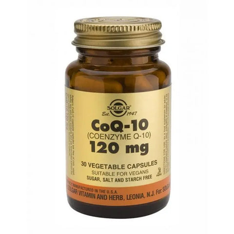 Solgar Coenzyme Q-10 120mg supplement in 30 capsules, displayed in a bottle with label and capsules inside.