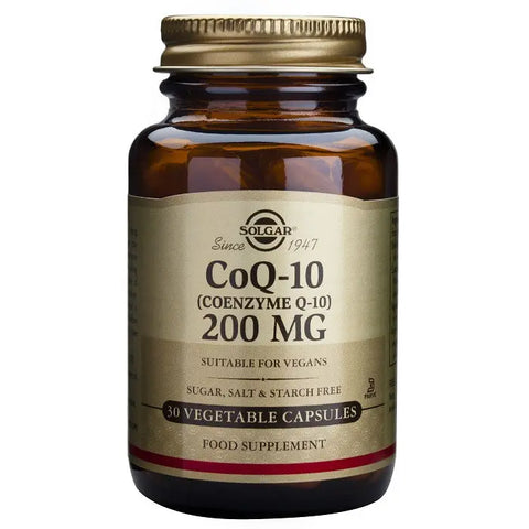 Solgar Coenzyme Q-10 200mg supplement in 30 capsules, displayed in a clear bottle with label, on a plain background.