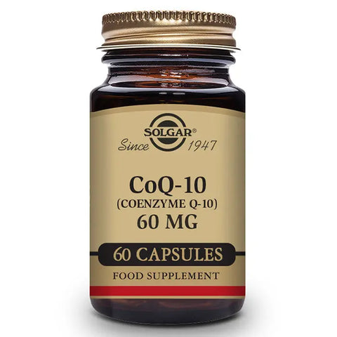 Solgar Coenzyme Q-10 60mg capsules in a bottle, displayed in a clean, professional setting with branding and supplement details visible.