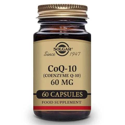 Solgar Coenzyme Q-10 60mg capsules in a bottle, featuring 60 dietary supplement capsules on a plain background.
