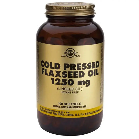 Solgar cold-pressed flaxseed oil softgels in a bottle, 1250mg, 100 softgels, dietary supplement for omega-3 fatty acids.