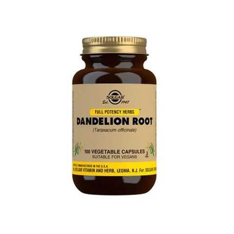 Solgar Dandelion 100 capsules bottle with label, natural herbal supplement in a clear bottle, brand Jag Couture London New York