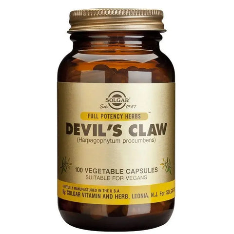 Solgar Devil's Claw 100 capsules supplement bottle with label showing capsules, natural plant extract for joint support.