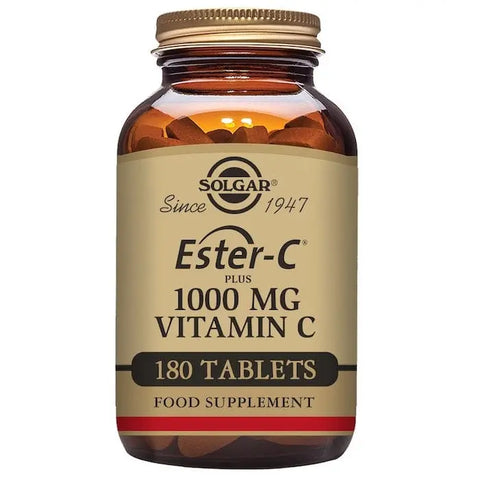 Solgar Ester-C Plus 1000mg vitamin C tablets in a bottle, displayed with 180 tablets, on a plain background.