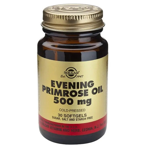 Solgar Evening Primrose Oil 500mg softgels in a bottle, natural yellow capsules for skin and hormonal health.
