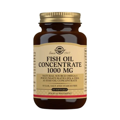 Solgar Fish Oil Concentrate softgel capsules in a bottle, dietary supplement rich in omega-3 fatty acids, by Jag Couture London New York