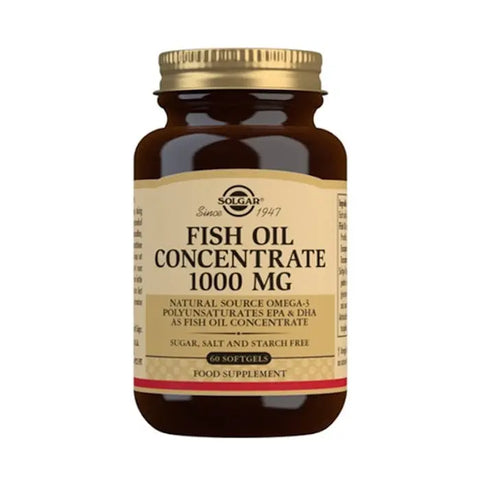 Solgar Fish Oil Concentrate softgel bottle with 60 capsules, displayed on a neutral background.