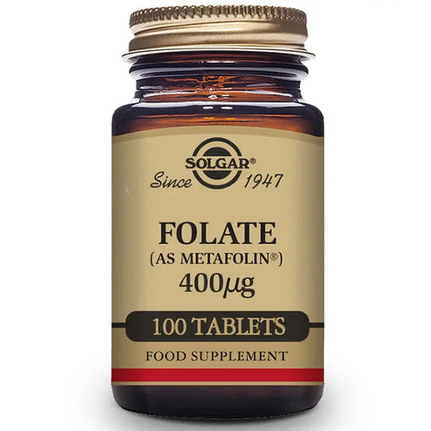 Solgar Folate 400mcg supplement in a bottle of 100 tablets, displayed with branding from Jag Couture London New York.