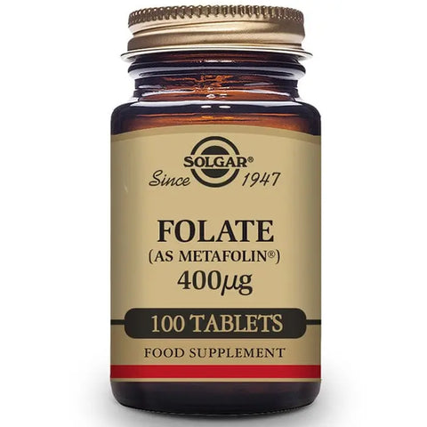 Solgar Folate 400mcg supplement in a bottle of 100 tablets, suitable for supporting daily vitamin intake.