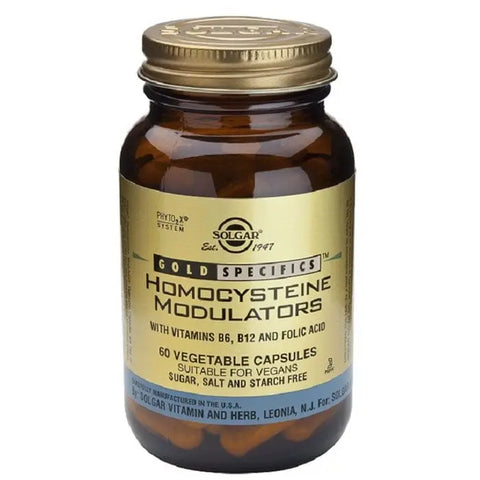 Solgar GS Homocysteine Modulators 60 capsules bottle with label, featuring natural supplement capsules and branding details.