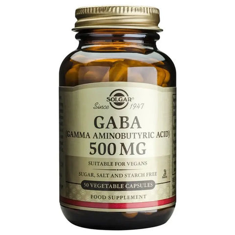 Solgar Gaba 500mg supplement in 50 capsules, featuring natural dietary capsules from Jag Couture London and New York.