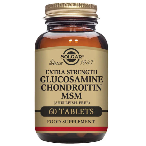 Solgar Glucosamine Chondroitin Msm 60 tablets supplement bottle with label and tablets inside, on a plain background.