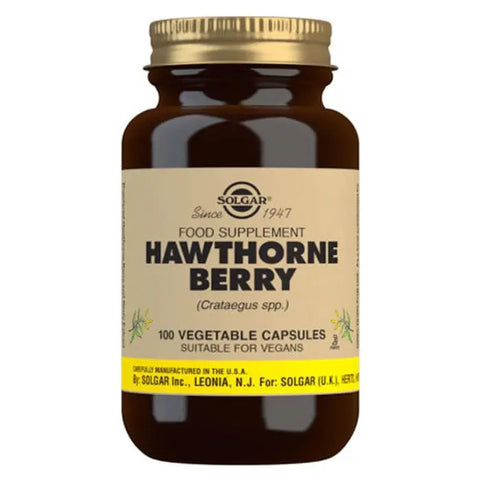 Solgar Hawthorn 100 capsules supplement in a bottle, featuring natural herbal supplement for cardiovascular health.