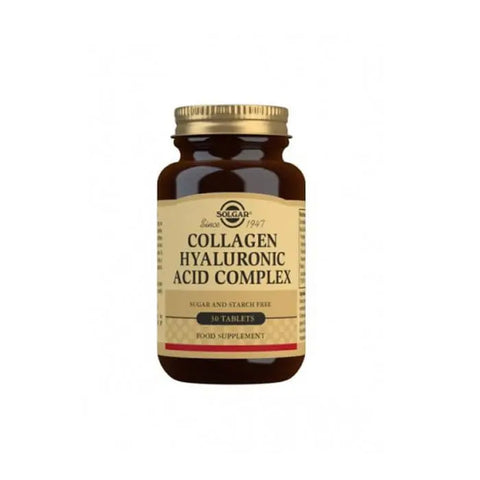 Solgar Hyaluronic Acid 120 mg supplement in a bottle of 30 tablets, featuring the product label with brand name Jag Couture London New York.