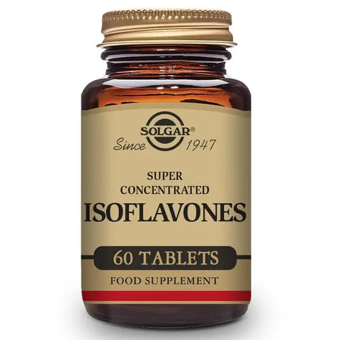 Solgar Isoflavones Concentrate 60 tablets supplement bottle with label showing in a clean, professional setting.