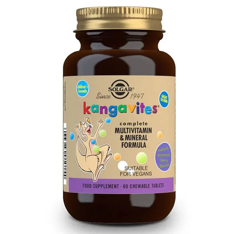 Solgar Kangavites multivitamin tablets in a bottle, designed for children’s health, with colorful label and packaging.