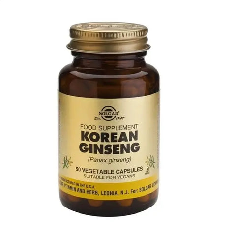 Solgar Korean Ginseng 50 capsules in a bottle, natural supplement for energy and vitality, on a plain background