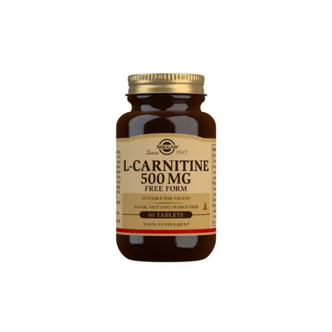 Solgar L-Carnitine 500 mg tablets in a bottle, with 60 tablets, displayed alongside the packaging.