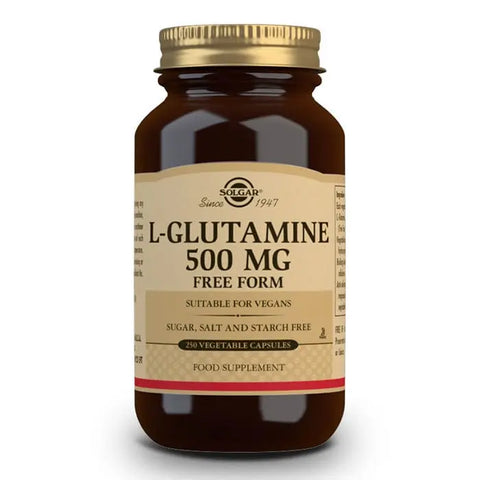 Solgar L-Glutamina 500mg capsules in a bottle, dietary supplement by Jag Couture London New York, with label and capsule details visible.