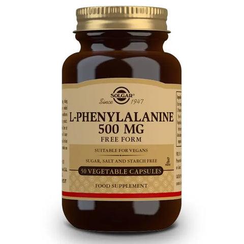 Solgar L-Phenylalanine 500mg dietary supplement capsules in a bottle, branded by Jag Couture London New York.