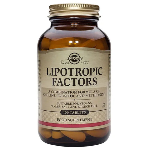 Solgar Lipotropics supplement bottle with 100 tablets, featuring label and branding, on a plain background.