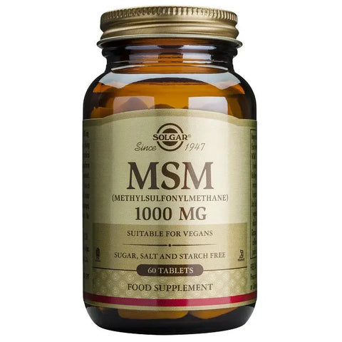Solgar MSM 1000mg dietary supplement in 60 tablets, displayed on a white background with packaging.