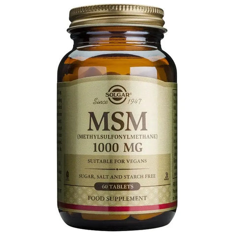 Solgar MSM 1000mg tablets, a dietary supplement for joint and skin health, displayed in a bottle with 60 tablets.