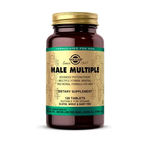 Solgar Male Multiple multivitamins in a bottle with 120 tablets, designed to support men's health and wellness.