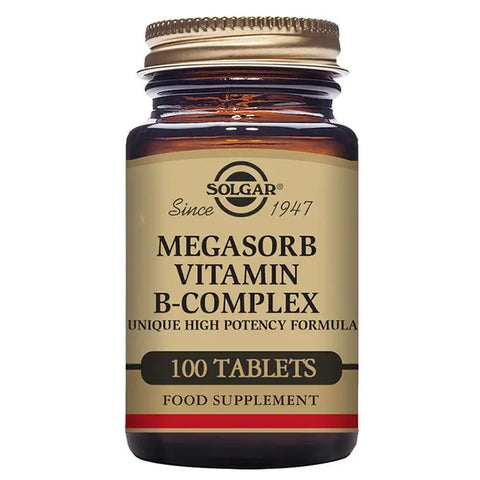 Solgar Megasorb B Complex 50 tablets, dietary supplement showing the bottle with label and tablets inside.