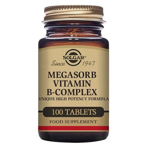 Solgar Megasorb B Complex 50 tablets, dietary supplement in a blister pack, on a neutral background.