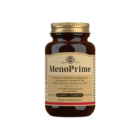 Solgar Meno Prime 30 tablets supplement in a bottle, with packaging featuring the Solgar and Jag Couture London branding.
