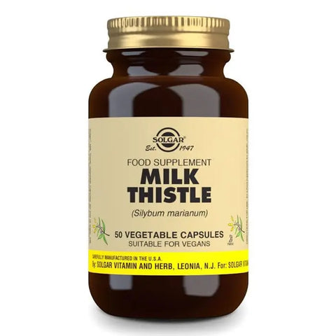 Solgar Milk Thistle 50 capsules bottle, natural herbal supplement for liver health, with branding from Jag Couture London New York