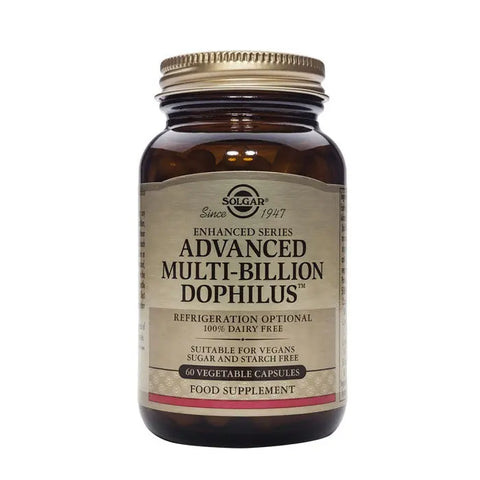 Solgar Multi Billion Dophilus Advanced probiotic capsules in a green bottle with label showing product details.