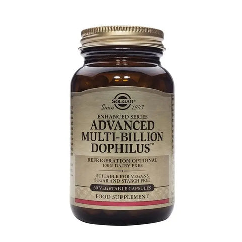 Solgar Multi Billion Dophilus Advanced probiotic capsules in a clear veggie capsule bottle with label showing product details.