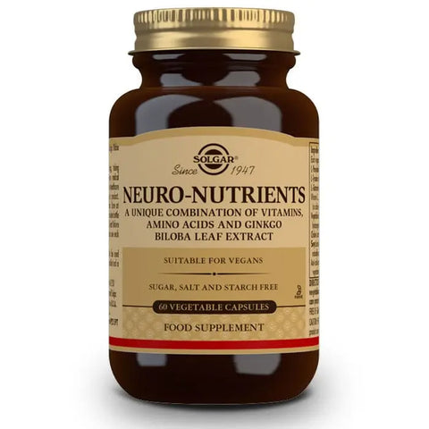 Solgar Neuro Nutrients 60 capsules bottle shown, supplement designed to support brain health, by Jag Couture London New York.