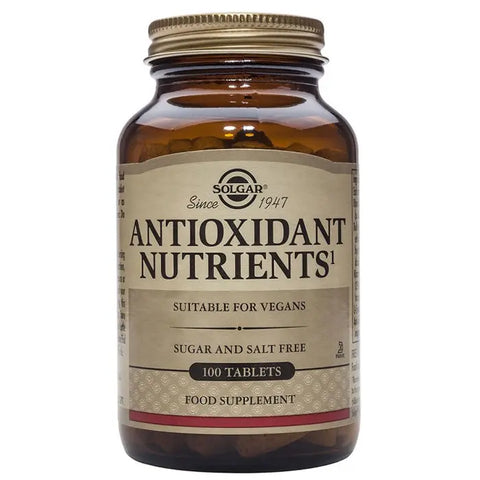 Solgar Nutrients Antioxidants supplement in a bottle of 100 tablets, featuring a label with brand details, on a white background.