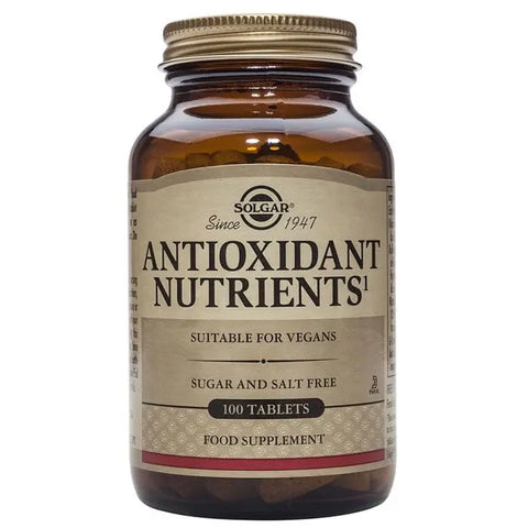 Solgar Nutrients Antioxidants supplement with 100 tablets, displayed in a bottle labeled by Jag Couture London New York.