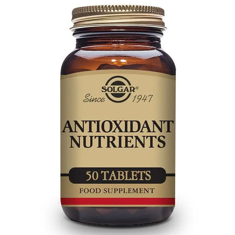 Solgar Nutrients Antioxidants supplement in 50 tablets, featuring a bottle with label, on a neutral background.