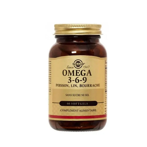 Solgar Omega 3-6-9 capsules in a bottle, dietary supplement with softgel capsules for heart and joint health.