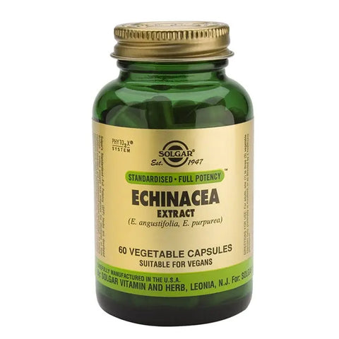 Solgar SPF Echinacea Extract 60 capsules supplement bottle with label, placed on a white background.