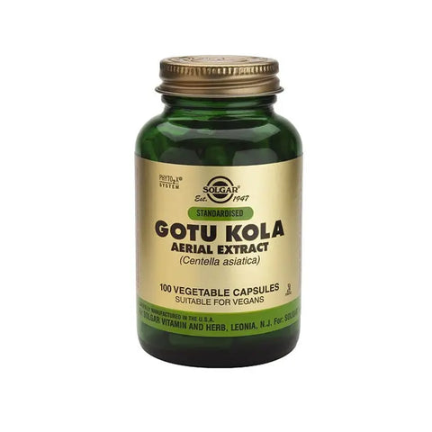 Solgar SPF Gotu Kola Air Extract capsules in a bottle with label, natural herbal supplement for skin and wellness.