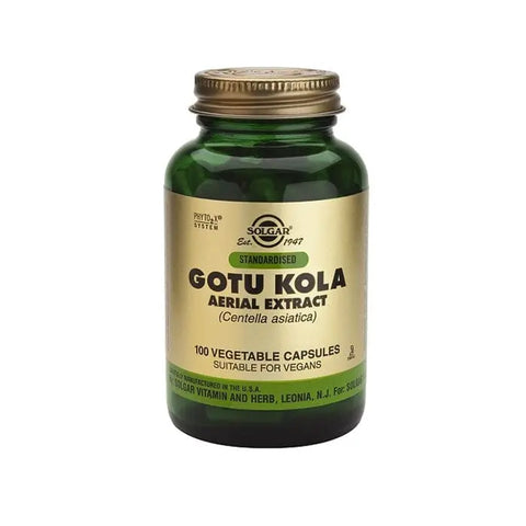 Solgar Gotu Kola air extract capsules in a jar, dietary supplement by Jag Couture London New York, 100 capsules.