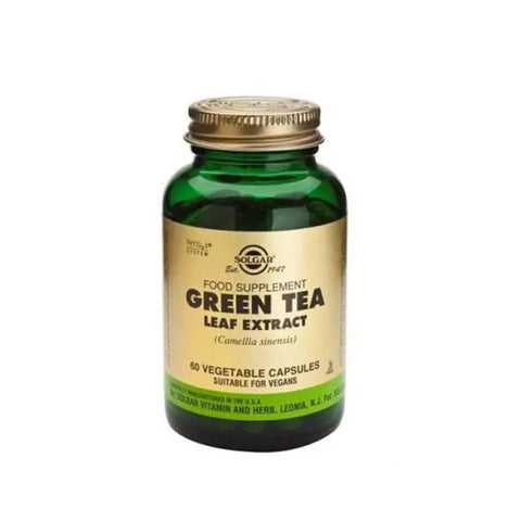 Solgar SPF Green Tea Leaf Extract 60 capsules bottle with green tea leaves on the label, shown in a retail display.