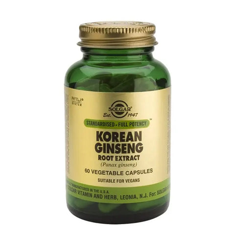 Solgar Korean Ginseng Root 60 capsules supplement bottle with label featuring ginseng root image, by Jag Couture London New York
