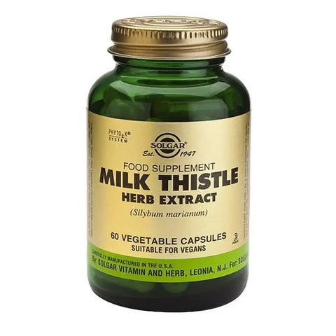 Solgar SPF Milk Thistle 60 capsules in a bottle, dietary supplement for liver health, by Jag Couture London New York.