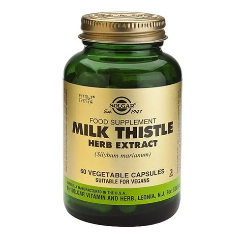 Solgar SPF Milk Thistle 60 capsules in a bottle, dietary supplement for liver health, by Jag Couture London New York.