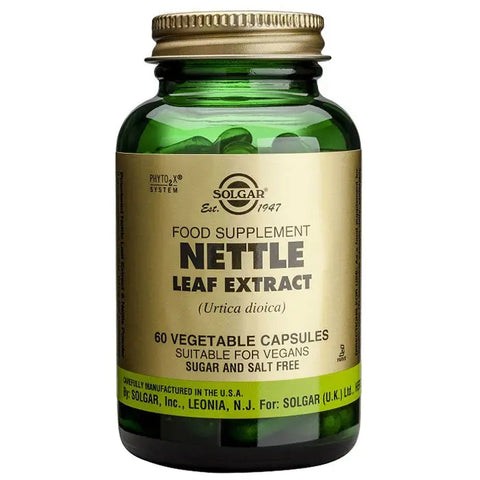 Solgar SPF Nettle Leaf 60 capsules in a bottle, natural herbal supplement for skin health and allergy relief.