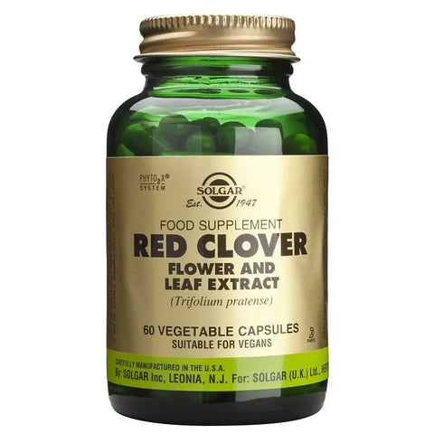 Solgar Red Clover Extract capsules in a bottle, dietary supplement with 60 capsules, by Jag Couture London New York.