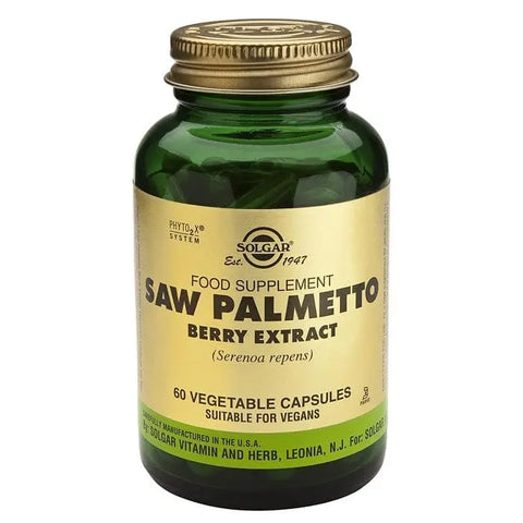 Solgar SPF Saw Palmetto Berries in 60 capsules, dietary supplement, with a jar showing the product label and capsules inside.